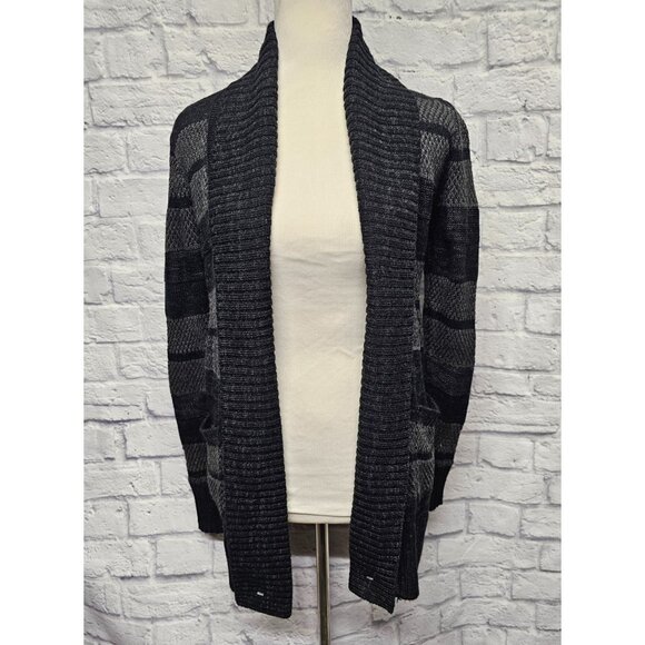 APT 9. XS BLACK GRAY STRIPED OPEN FRONT RIBBED CARDIGAN LONG TUNIC POCKET SWEATE - Picture 1 of 15